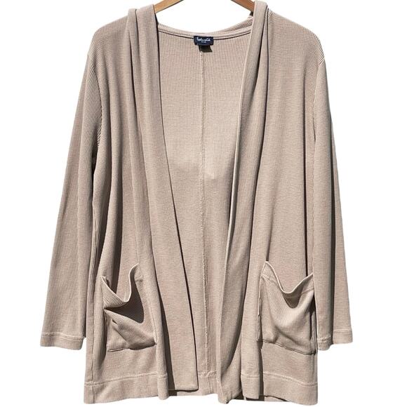SPLENDID Women’s Tan Waffle Knit Open Front Hooded Pocket Cardigan - Picture 2 of 3